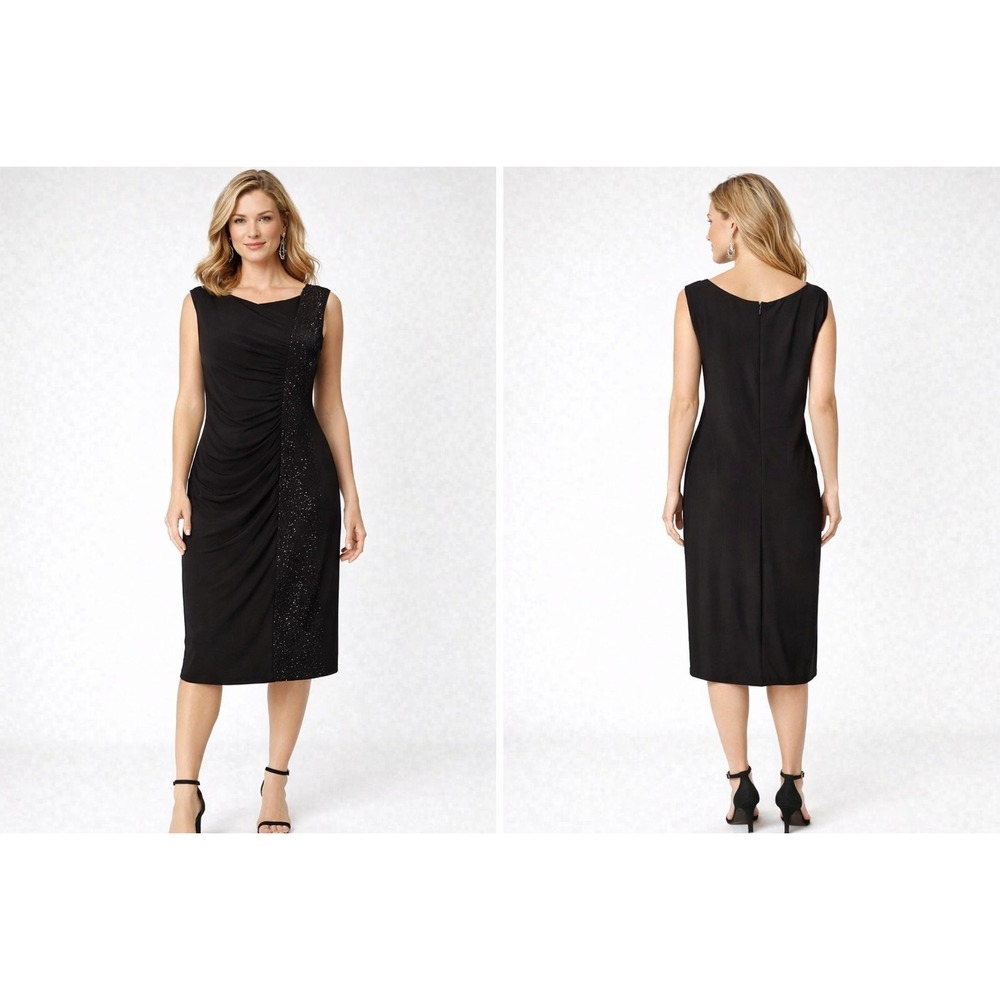 R&M Richards Petite Cocktail Dress  Asymmetrical Neckline Glitter Panel Size 10P